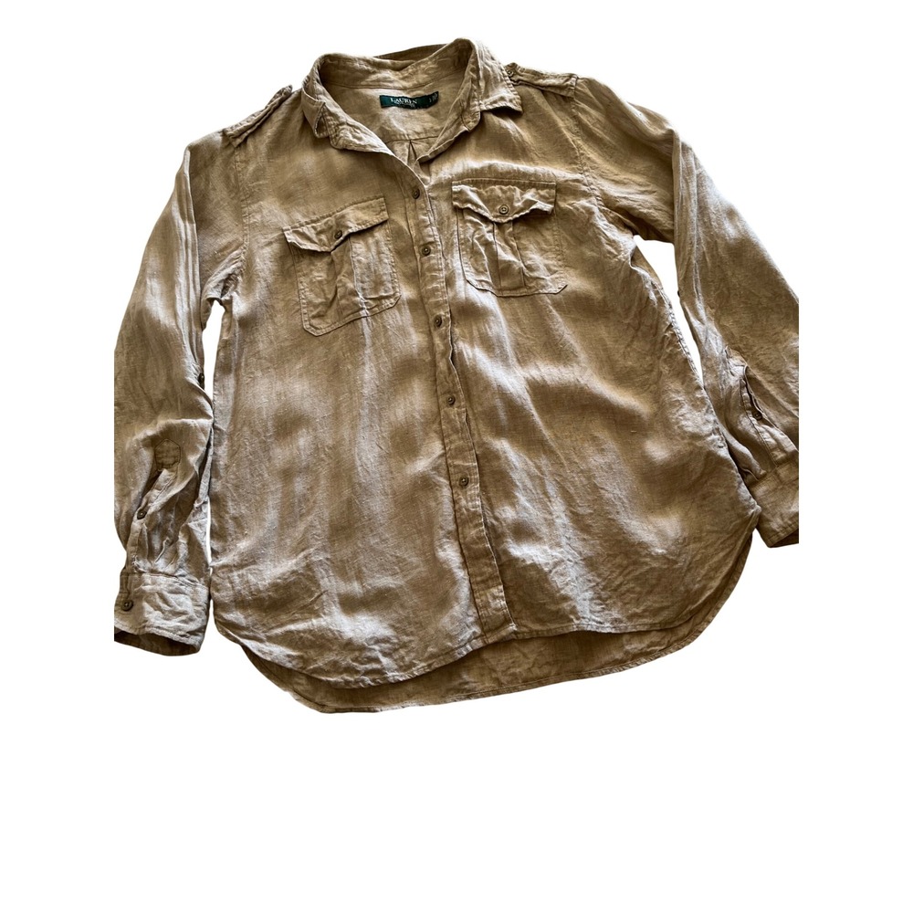 Lauren Ralph Lauren Womens Tan 100% Linen Utility Button Down Shirt Large